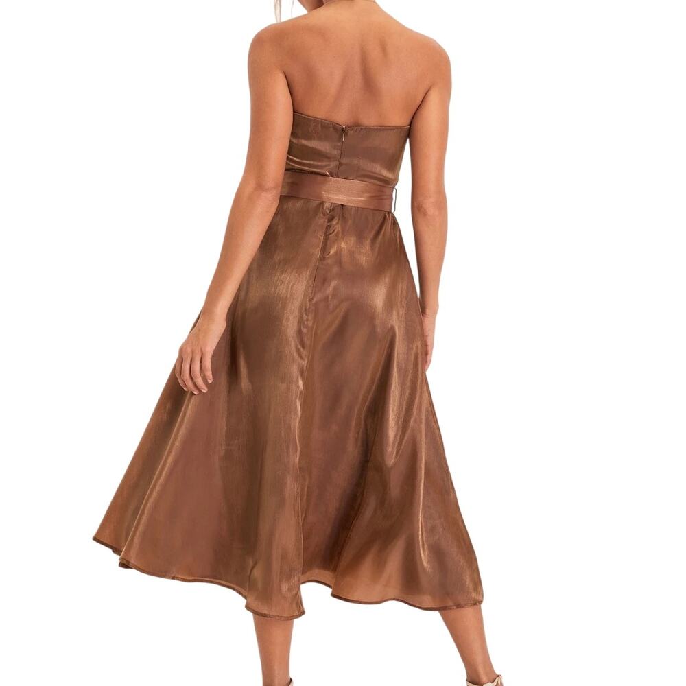 Lulu’s NWT Chicly Stunning Shiny Brown Organza Strapless Belted Midi Dress - Picture 2 of 14